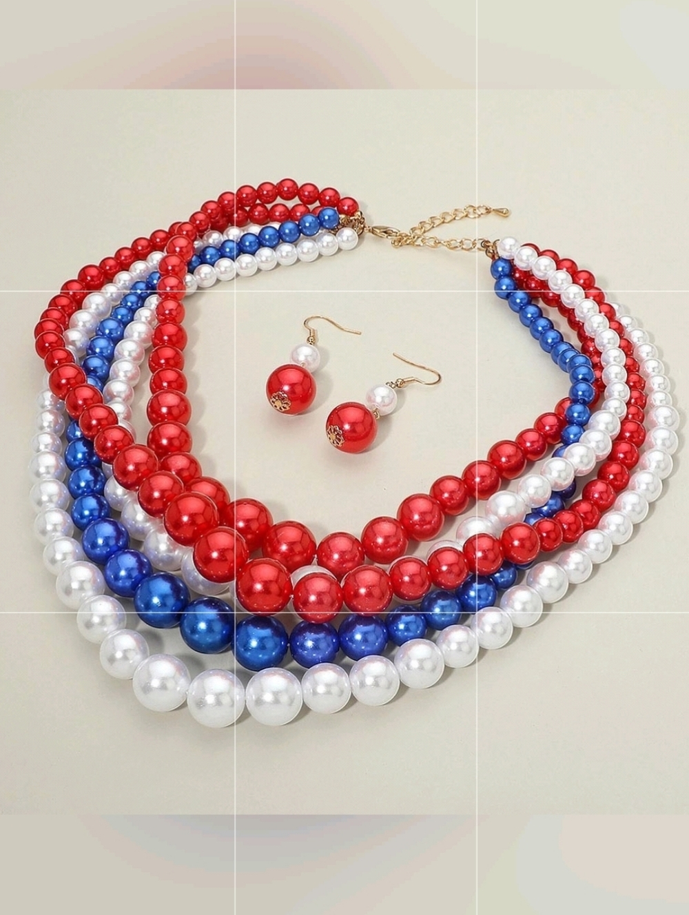 Red White Blue Pearls Beaded Statement Chain MultiStrand Layers Bib Necklace Set